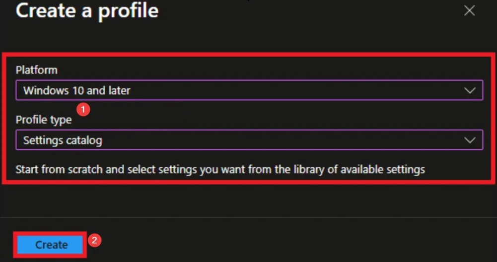 Creating a new configuration policy in Intune